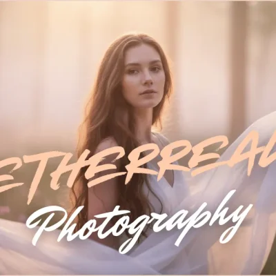 Dreamy ethereal portrait of a young woman in flowing white dress, soft golden hour light and mist in forest, ethereal photography blog header