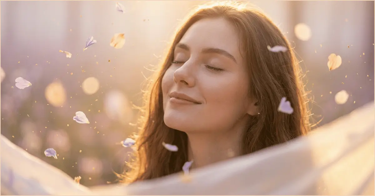 Ethereal photography portrait of peaceful woman with eyes closed, golden sunlight and floating flower petals in dreamy mist, soft dreamy aesthetic