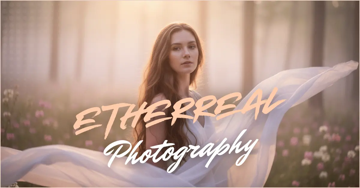 Dreamy ethereal portrait of a young woman in flowing white dress, soft golden hour light and mist in forest, ethereal photography blog header