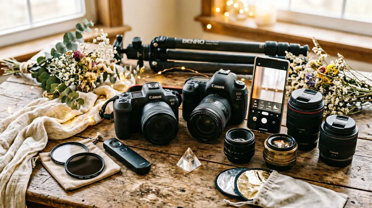 Ethereal photography gear flat lay: Canon cameras, lenses, diffusion filters, tripod, fairy lights and dried flowers on wooden table, soft warm lighting