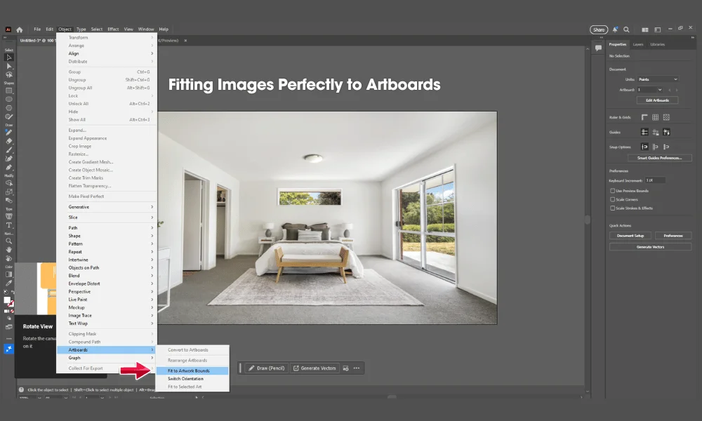 Adobe Illustrator screenshot showing how to fit an image perfectly to artboard: Object menu open > Fit to Artboard Bounds highlighted with arrow under Clipping Mask > Artboards submenu, bedroom interior photo filling the artboard with text overlay "Fitting Images Perfectly to Artboards