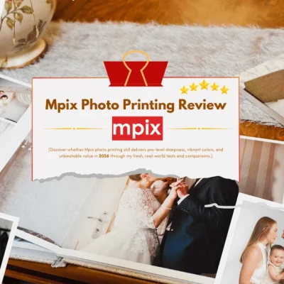 Mpix Photo Printing Review 2026 – collage of family photos, wedding prints, photo book, and vibrant canvas prints on cozy rug