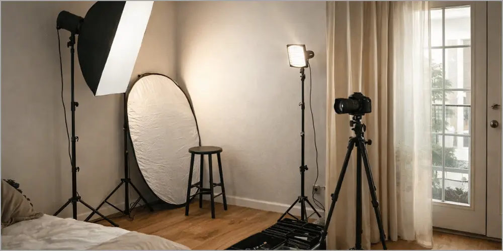 Setting up a photography studio in small space: softbox light, reflector, white backdrop, tripod camera, and stool in cozy bedroom corner