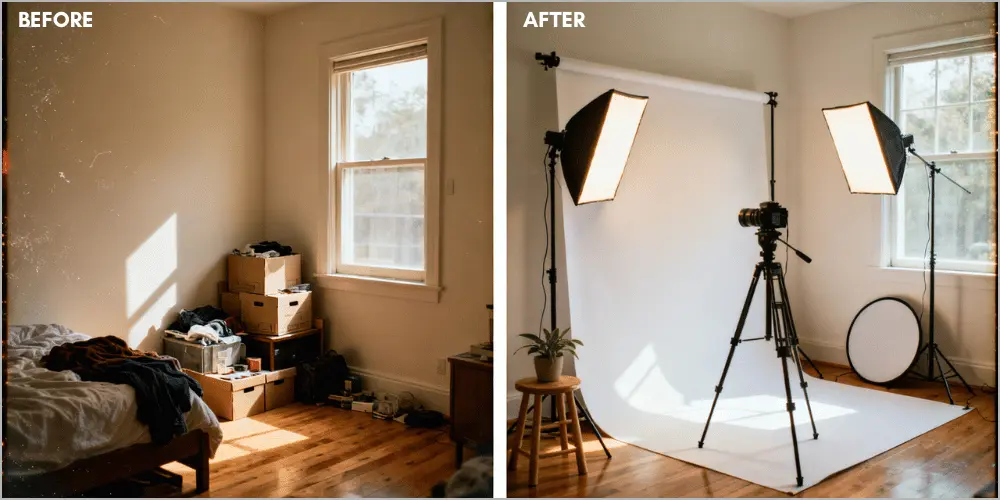 Before and after setting up a photography studio in a small bedroom corner: cluttered room transformed into clean home studio with white backdrop, softbox lights, and tripod