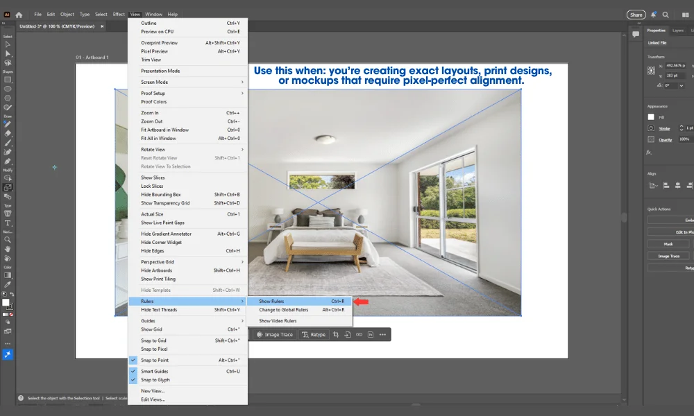 Adobe Illustrator screenshot demonstrating precision resizing: View menu open with Show Rulers selected (Ctrl+R highlighted), rulers visible, guides dragged onto bedroom interior image for exact alignment and proportional resizing