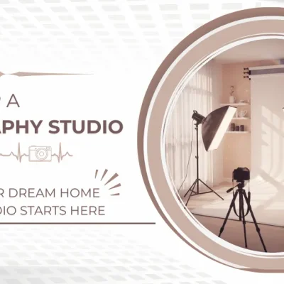 Setting up a photography studio at home with softbox lights, white backdrop, and tripod camera in a cozy room