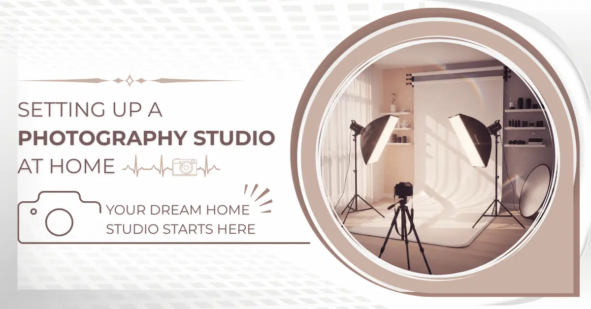 Setting up a photography studio at home with softbox lights, white backdrop, and tripod camera in a cozy room