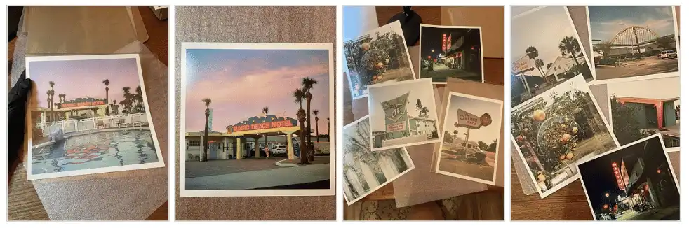 Four photos showing printed images from Mpix, including colorful motel scenes and palm trees, part of a 4x6-inch print test collection.