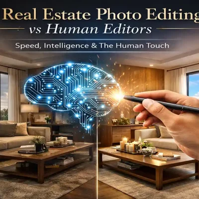 AI Real Estate Photo Editing vs Human Editors - glowing digital brain connected to a human hand with stylus editing a luxurious living room photo, representing speed, intelligence, and the human touch in real estate photography.