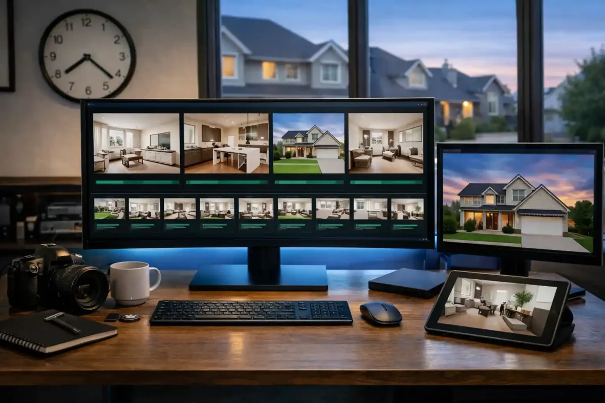 AI Real Estate Photo Editing: The Advantages. Modern workspace with multiple monitors displaying a batch of beautifully enhanced real estate property photos, including a large modern house at dusk. A professional editing setup with camera, keyboard, and tablet showcasing the speed and power of AI in real estate photo editing.