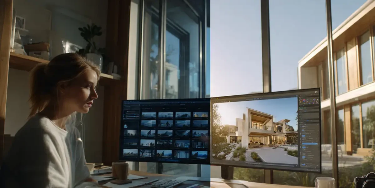 AI Real Estate Photo Editing vs Human Editors: The Head-to-Head Comparison. A professional female photo editor working on real estate images, split view showing a grid of raw property photos on one side and a beautifully enhanced luxury modern home on the other, highlighting the difference between AI and human real estate photo editing