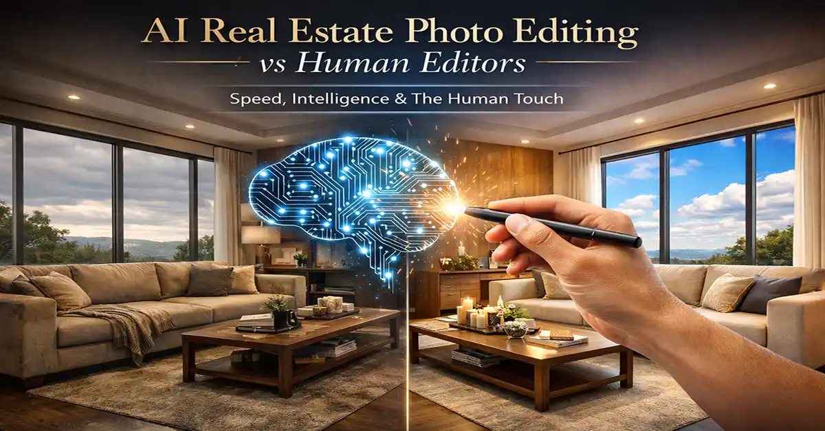 AI Real Estate Photo Editing vs Human Editors - glowing digital brain connected to a human hand with stylus editing a luxurious living room photo, representing speed, intelligence, and the human touch in real estate photography.