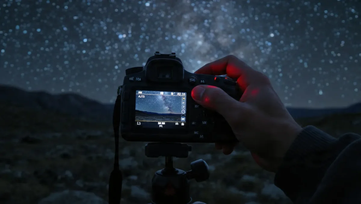 Close-up of a photographer's hand holding a DSLR camera on a tripod at night, rear LCD screen brightly displaying the Milky Way arching over a dark mountainous landscape, camera set to Manual mode (M) with visible settings like ISO, shutter speed, and aperture, starry sky and rocky terrain in soft focus behind.