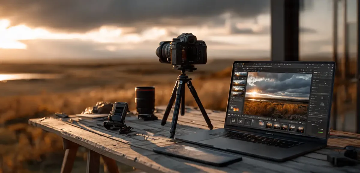 How to Make an HDRI – Essential Tools Setup: DSLR camera on tripod, laptop with HDRI editing software, lenses and accessories on wooden table at golden hour sunset, perfect for creating professional HDRI maps and environments