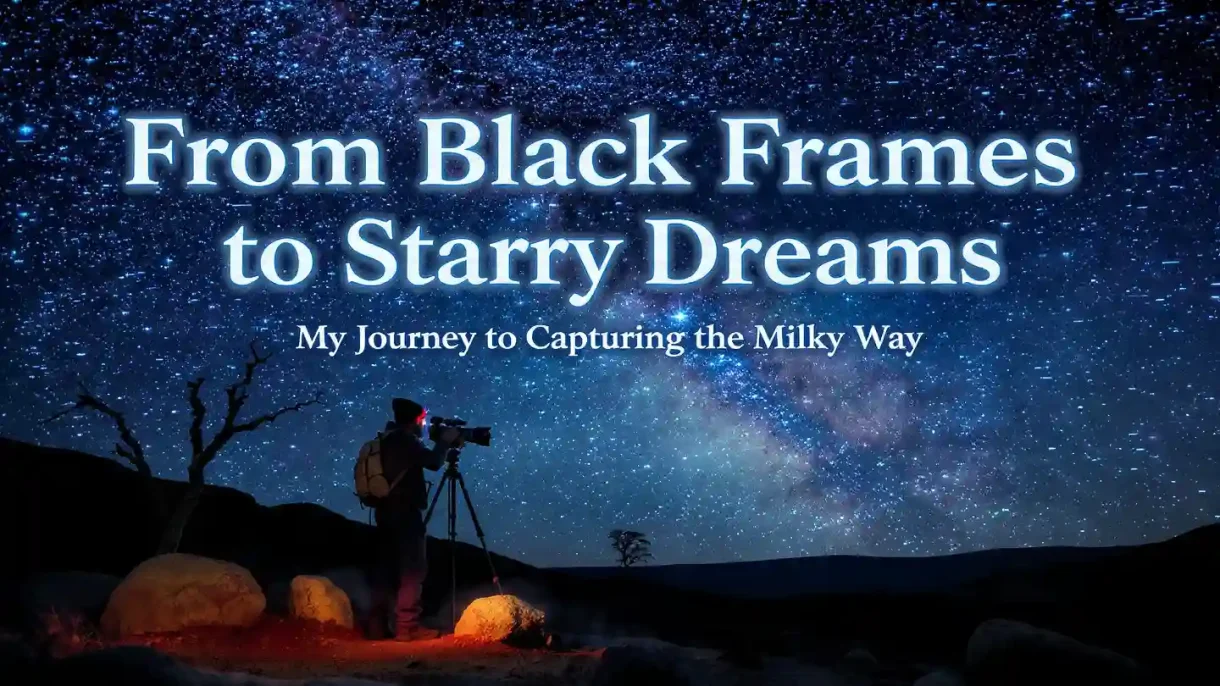 Photographer in silhouette with headlamp, standing on a rocky hill at night with a tripod and camera pointed at the sky, capturing the glowing Milky Way arching overhead against a deep blue starry night sky, sparse dry landscape with rocks and a small tree in the foreground – the ultimate moment every astrophotographer dreams of for stunning milky way shots.