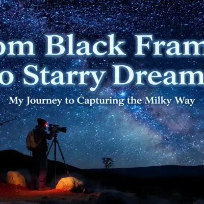 Photographer in silhouette with headlamp, standing on a rocky hill at night with a tripod and camera pointed at the sky, capturing the glowing Milky Way arching overhead against a deep blue starry night sky, sparse dry landscape with rocks and a small tree in the foreground – the ultimate moment every astrophotographer dreams of for stunning milky way shots.