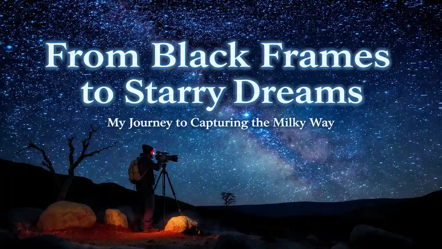 Photographer in silhouette with headlamp, standing on a rocky hill at night with a tripod and camera pointed at the sky, capturing the glowing Milky Way arching overhead against a deep blue starry night sky, sparse dry landscape with rocks and a small tree in the foreground – the ultimate moment every astrophotographer dreams of for stunning milky way shots.