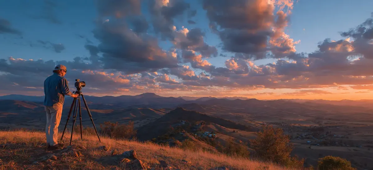 How to Make an HDRI – Method 1: Creating HDRI from Real Photos – Professional DSLR camera on tripod capturing panoramic bracketed exposures at golden hour lakeside, essential for the most photorealistic HDRI maps and environment lighting