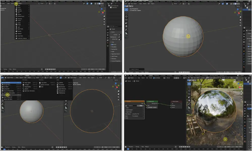 How to Make an HDRI – Method 2: Creating HDRI in Blender – Step-by-step Blender screenshot showing equirectangular camera setup, world nodes with Environment Texture, metallic sphere preview with realistic reflections, and node editor for photorealistic HDRI creation