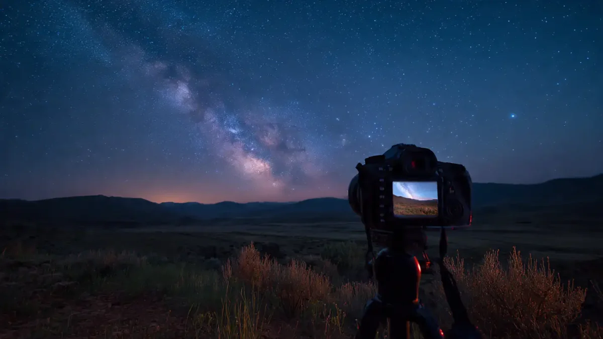 Close-up view from behind a DSLR camera on a tripod in the dark desert landscape at night, rear LCD screen brightly displaying a sharp preview of the glowing Milky Way arching over distant mountains and a subtle twilight glow on the horizon, camera in Manual focus mode with visible settings, starry sky filled with thousands of points of light above.