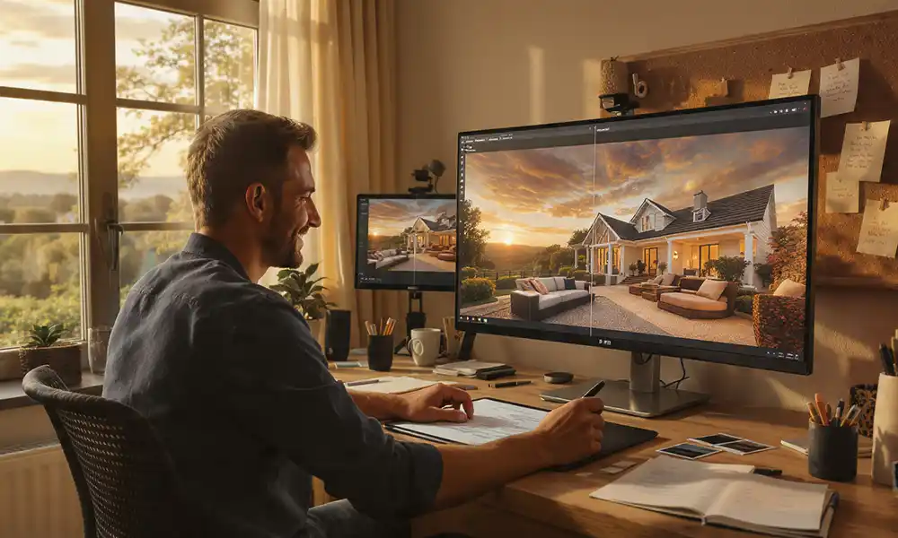 Professional human photo editor working on AI Real Estate Photo Editing comparison. A skilled editor with headphones is retouching a luxurious house image in Photoshop, showing the classic art of human photo editing for real estate photography.