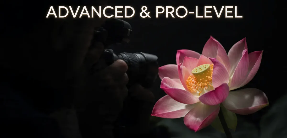 Photographer’s hand holding a camera capturing a beautiful pink lotus flower with dramatic lighting, representing advanced Photography Techniques at pro level.