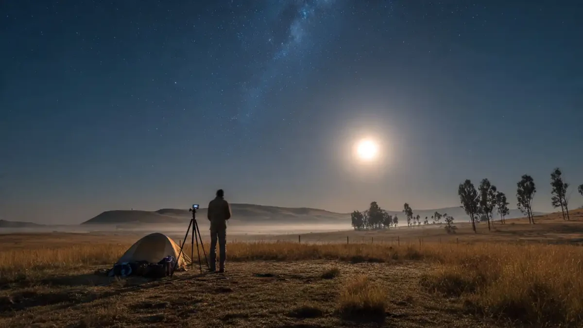 Silhouette of a photographer standing next to a tripod and camera on a foggy grassland at night, facing a bright full moon rising over rolling hills and scattered trees, with the faint Milky Way arching above a camping tent in the foreground under a starry sky.