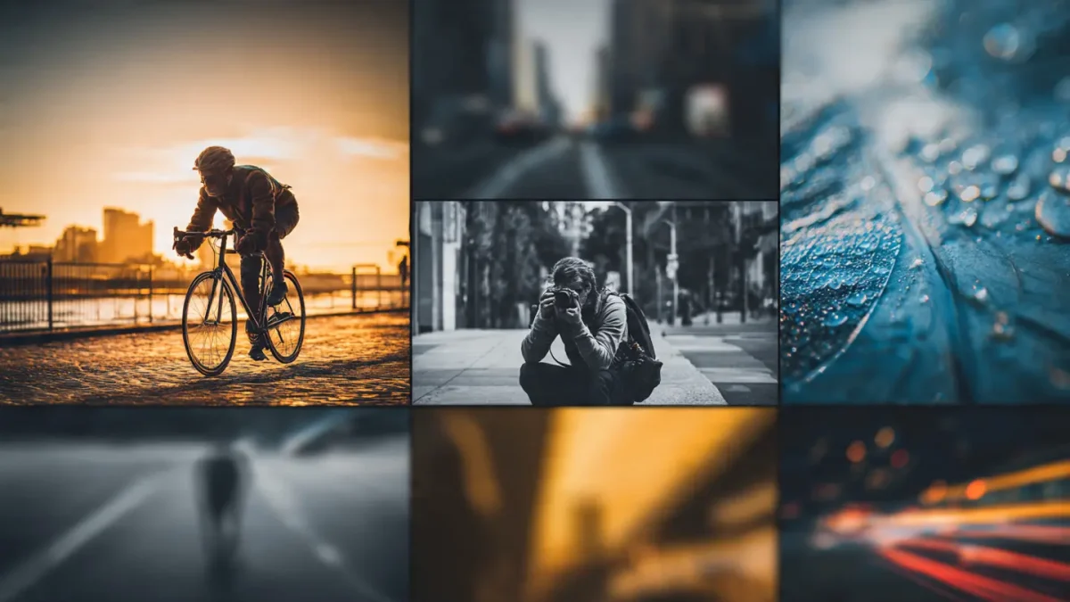 Photorealistic collage of street photography moments captured with advanced Photography Techniques – cyclist at golden hour, photographer shooting, raindrops, light trails, and urban scenes.