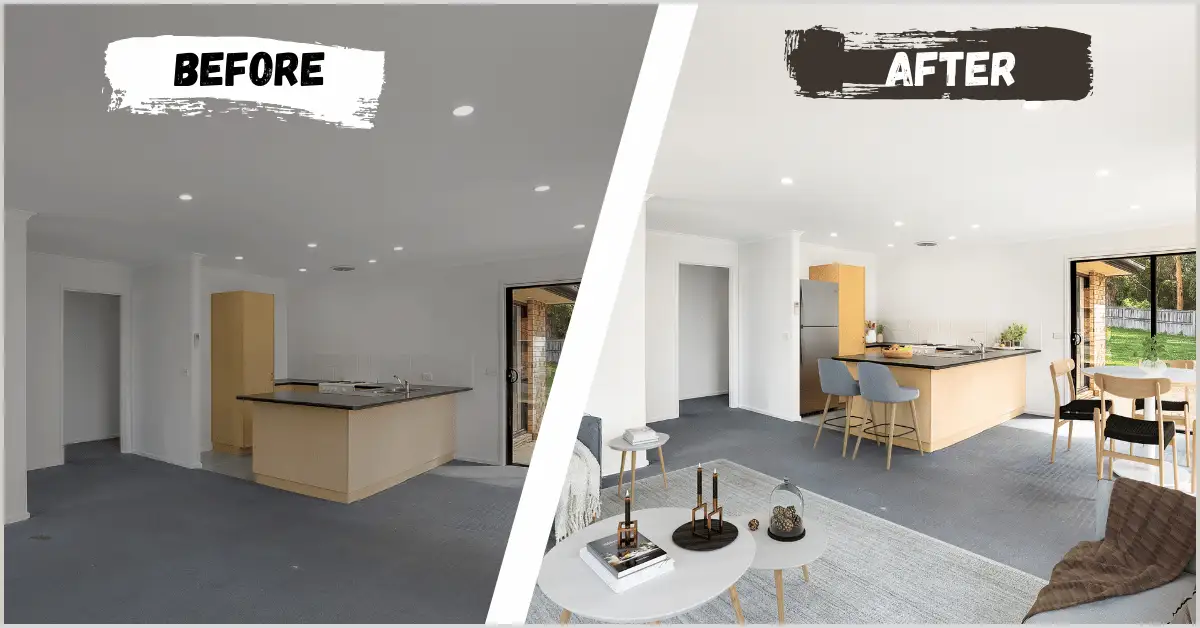Virtual staging before and after comparison for AI Real Estate Photo Editing. Empty modern kitchen and living area (Before) transformed into a beautifully furnished, warm, and inviting space with furniture, rugs, and decor (After), showcasing the human touch in virtual staging.