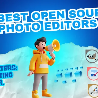10 Best Open Source Photo Editors 2026 - Cartoon character announcing the top free photo editing software with app logos