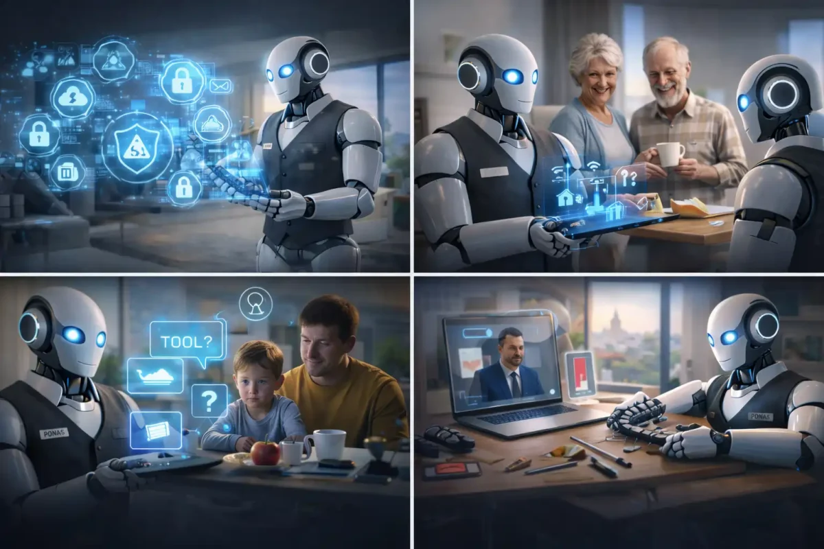 Collage of four scenes showing Ponas Robotas humanoid robot in different situations: managing cybersecurity and data protection with holographic security icons, assisting an elderly couple with smart home controls, helping a father and child with learning tools, and performing technical support and repairs at a desk with a laptop.