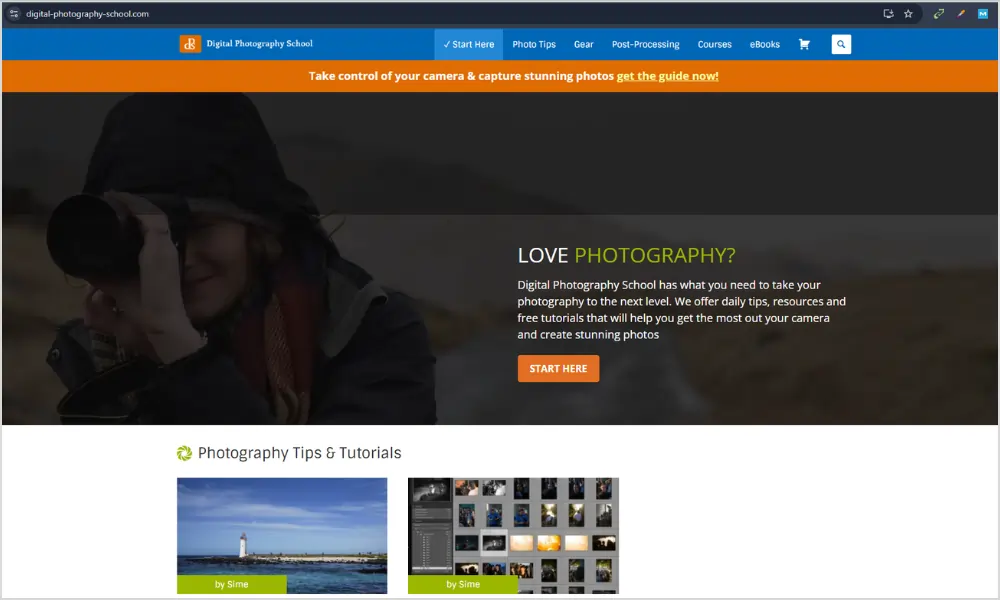 Digital Photography School homepage showing free photography tutorials and tips