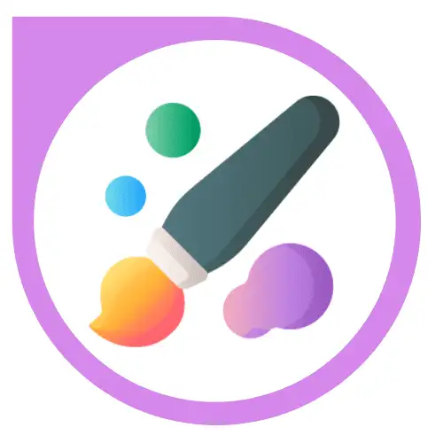 MiniPaint logo with a colorful paintbrush and paint blobs inside a purple circular frame