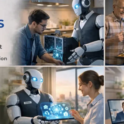 Humanoid robot assistant named Ponas Robotas helping people in daily life — smart home management, service automation, tech support, and companionship. Futuristic AI personal robotic assistant.
