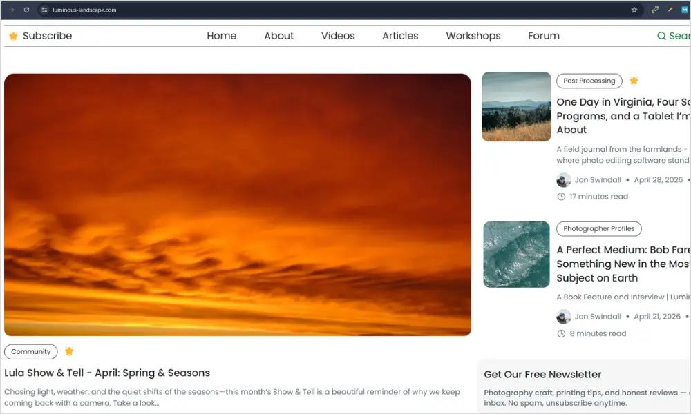 The Luminous Landscape homepage displaying landscape photography guides and camera reviews
