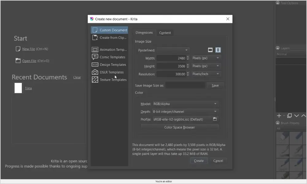 Krita open source photo editor showing the "Create new document" dialog with custom size, resolution, and color options