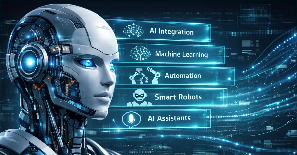 Futuristic humanoid robot with glowing blue eyes representing Ponas Robotas, surrounded by glowing holographic panels showing AI Integration, Machine Learning, Automation, Smart Robots, and AI Assistants in a high-tech digital environment.