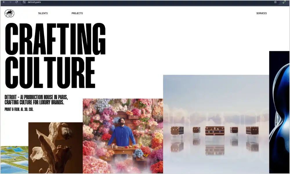 Detroit Paris website homepage featuring AI-crafted fashion photography and films