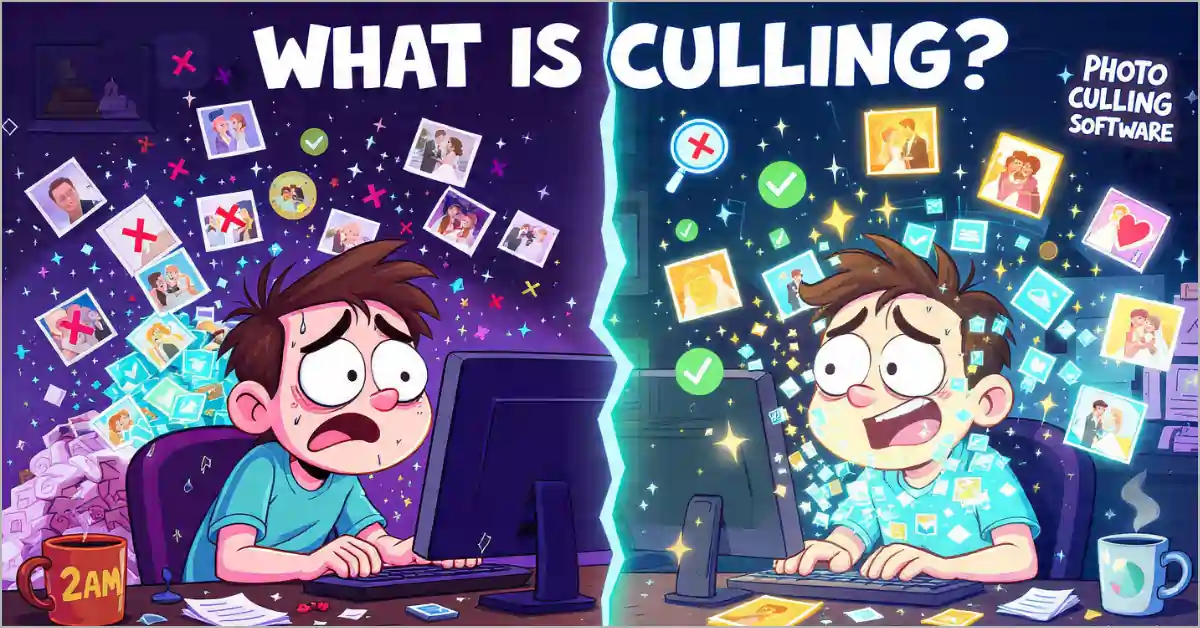 Cartoon illustration explaining what is culling in photography - tired photographer struggling with manual culling on the left versus happy photographer using AI photo culling software on the right