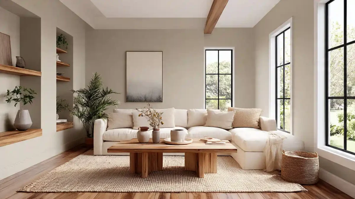 Sherwin Williams Universal Khaki Paint in a bright modern living room with white sofa and wooden accents