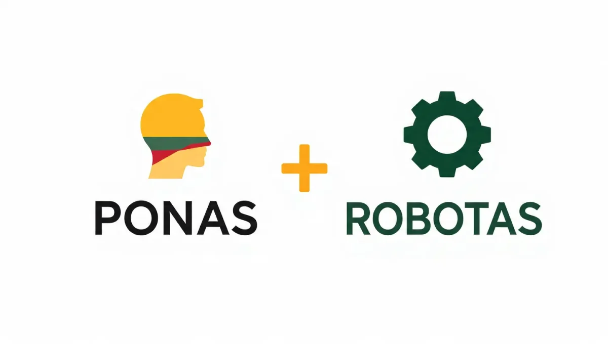 Ponas Robotas logo: Stylish minimalist illustration showing a human head with Lithuanian flag colors combined with a gear icon, representing human intelligence plus robotics. Text reads PONAS + ROBOTAS.