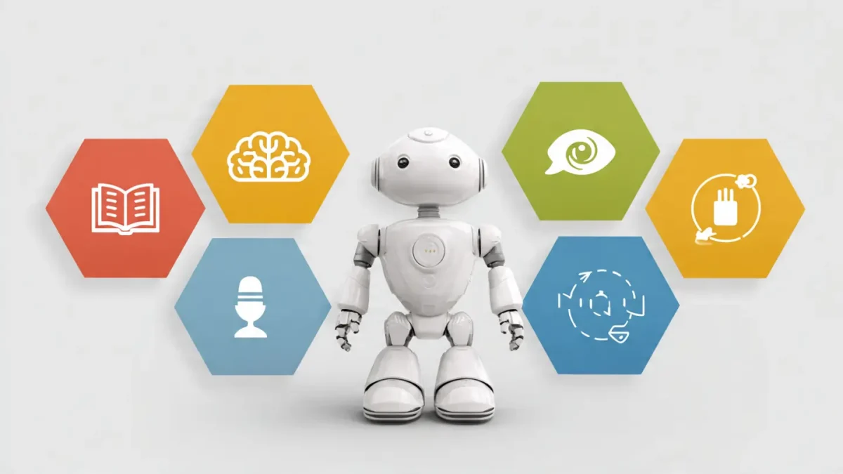 White humanoid robot representing Ponas Robotas surrounded by six colorful hexagonal icons illustrating its key features: Knowledge (book), Artificial Intelligence (brain), Vision & Communication (eye), Power & Charging, Voice Interaction (microphone), and Mobility & Navigation.