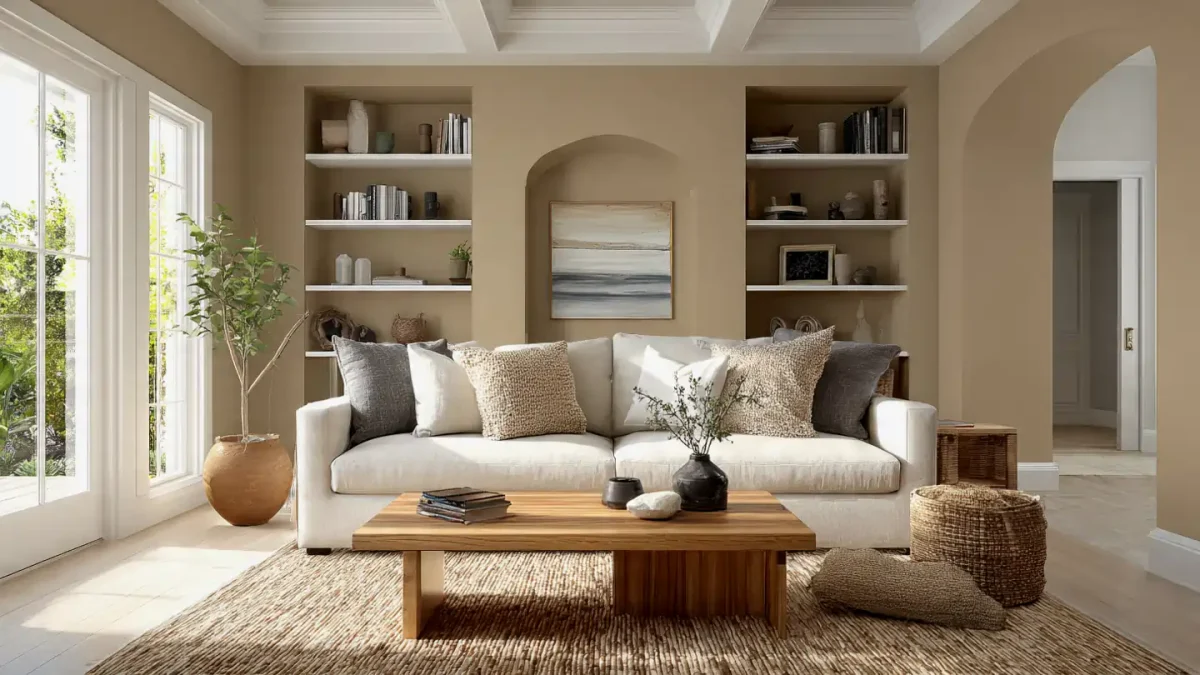 Sherwin Williams Universal Khaki Paint living room interior warm neutral walls