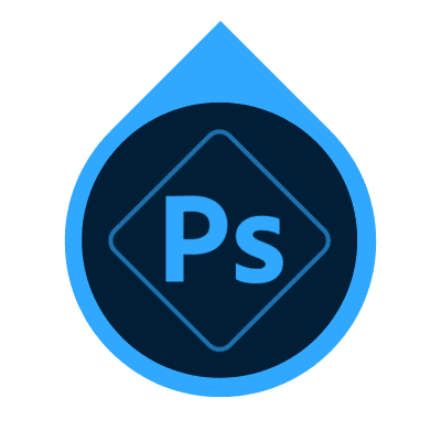 Adobe Photoshop Express app icon with light blue Ps logo inside dark blue circle and blue waterdrop