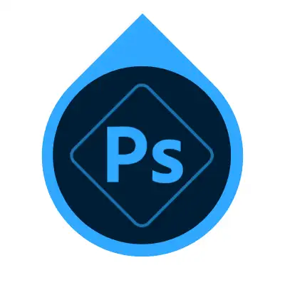 Adobe Photoshop Express app icon with light blue Ps logo inside dark blue circle and blue waterdrop
