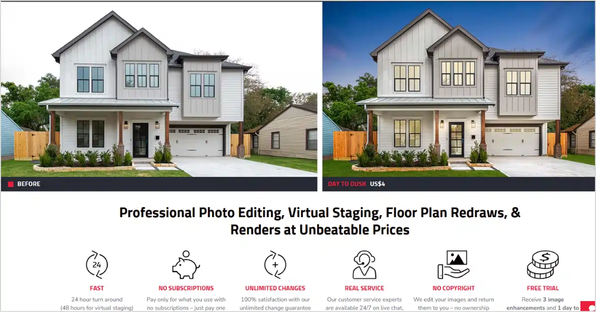 BoxBrownie turnaround time and workflow review 2026 showing 24-hour photo editing and 48-hour virtual staging process