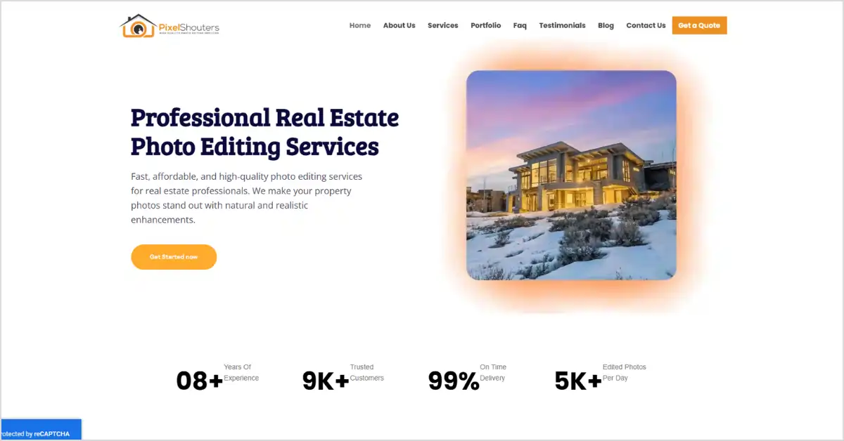 PixelShouters homepage showing real estate photo editing services with twilight house exterior and delivery stats