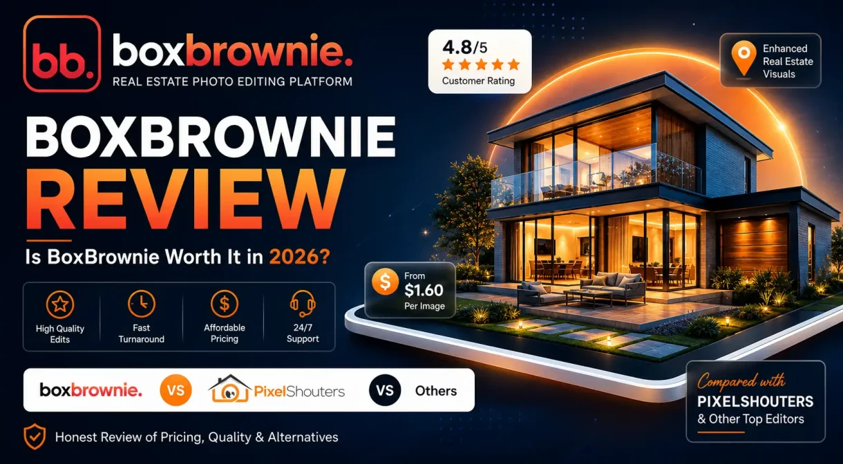 BoxBrownie 2026 review showing real estate photo editing before-and-after with virtual staging and day-to-dusk enhancement