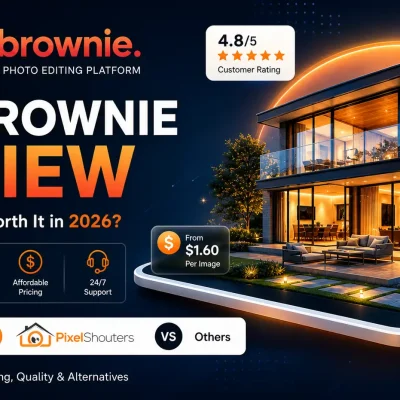 BoxBrownie 2026 review showing real estate photo editing before-and-after with virtual staging and day-to-dusk enhancement