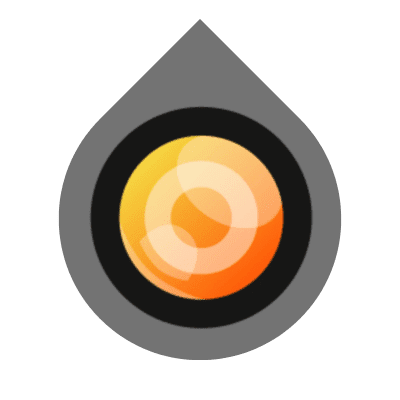 Camera FV-5 app icon with orange camera lens inside a gray waterdrop shape